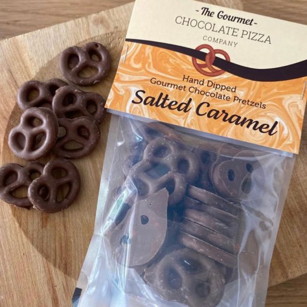 Salted pretzels dipped in Belgian milk chocolate with a hint of caramel. Presented in a pouch.