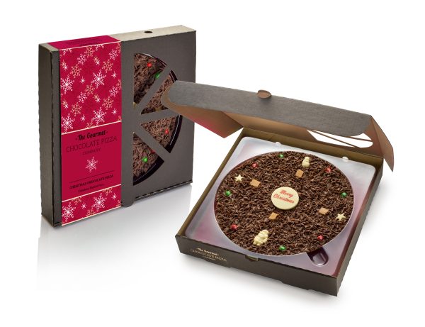 10" chocolate pizza in open box with closed box next to it with decorative strap