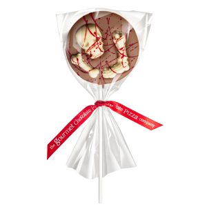 milk chocolate lollipop with white chocolate skull and bones, splashed with red for effect.