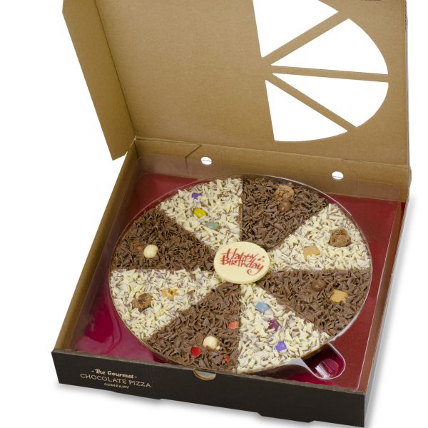 Delicious Dilemma chocolate pizza with Happy Birthday plaque